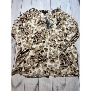 NWT Dana Buchman XL Women Tan Brown Floral Blouse Top 3/4 Sleeve DM51173
